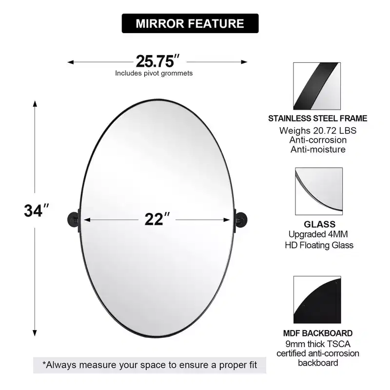 Modern Decorative 22 x 34 Inch Oval Wall Mounted Hanging Bathroom Vanity Mirror with Stainless Steel Metal Frame, Matte Black