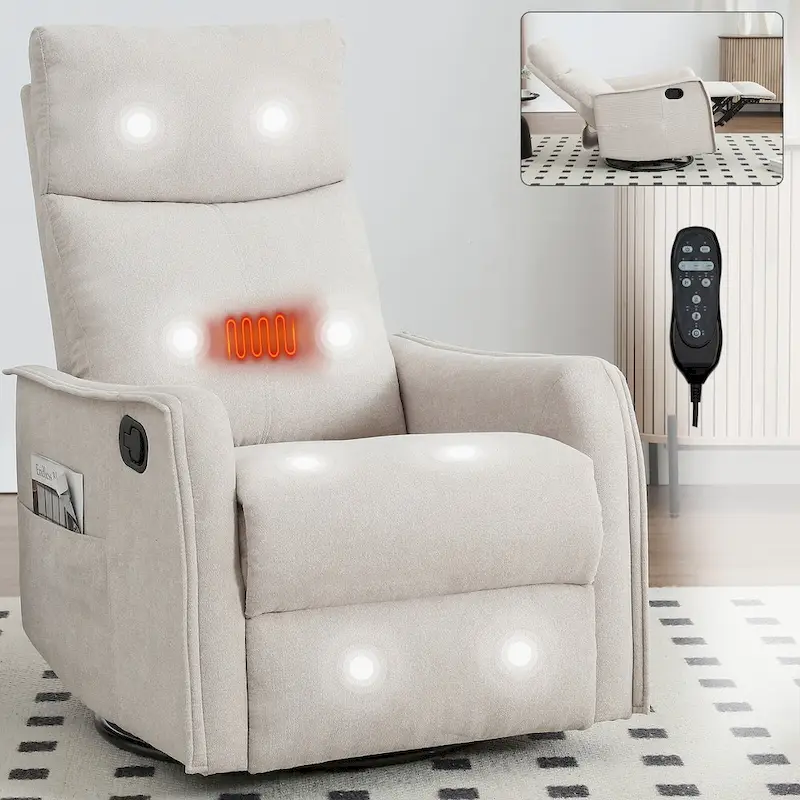 8 Point Massage Manual Recliner Chair Fabric Swivel Rocking Chair Single Sofa Armchair with Rocker and Lumbar Heating