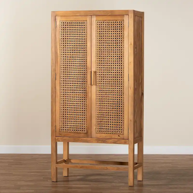 Sibu Bohemian Natural Rattan and Teak Wood Tall Cabinet