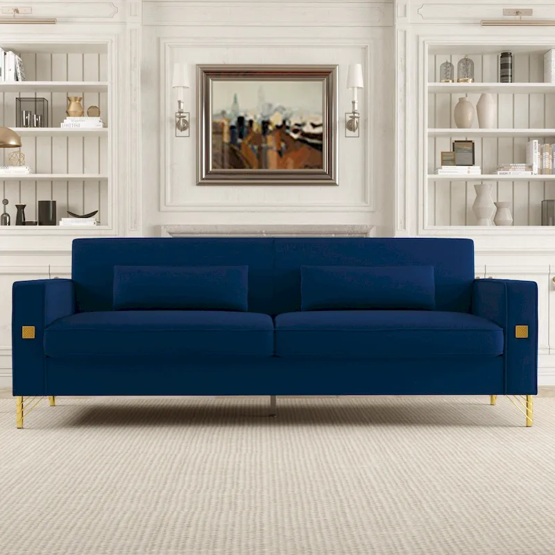 Modern 85.63 Velvet 3-seater Sofa with Gold Accents and Plush Cushions for Living Room