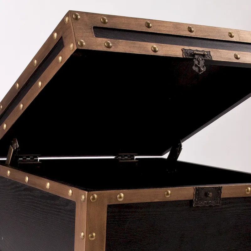 Trunk-Style Side Table with Storage – Antique Black / Bronze, MDF, Single