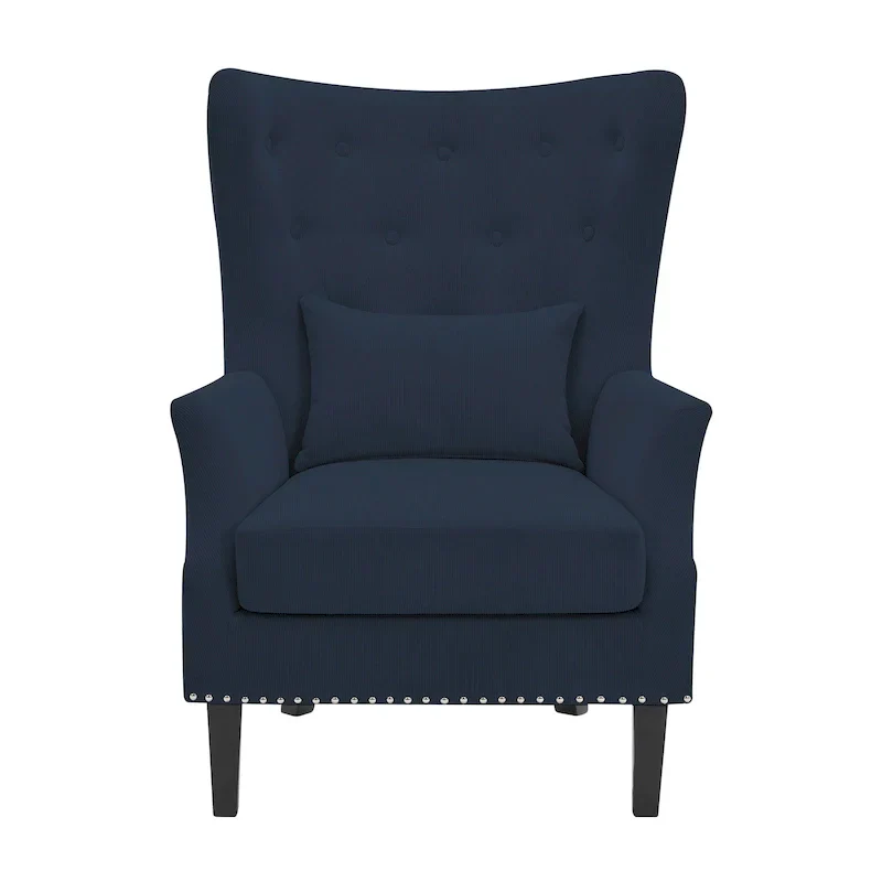 Classic Nailhead Trim Corduroy Wingback Armchair with a Lumbar Pillow and Rubberwood Legs