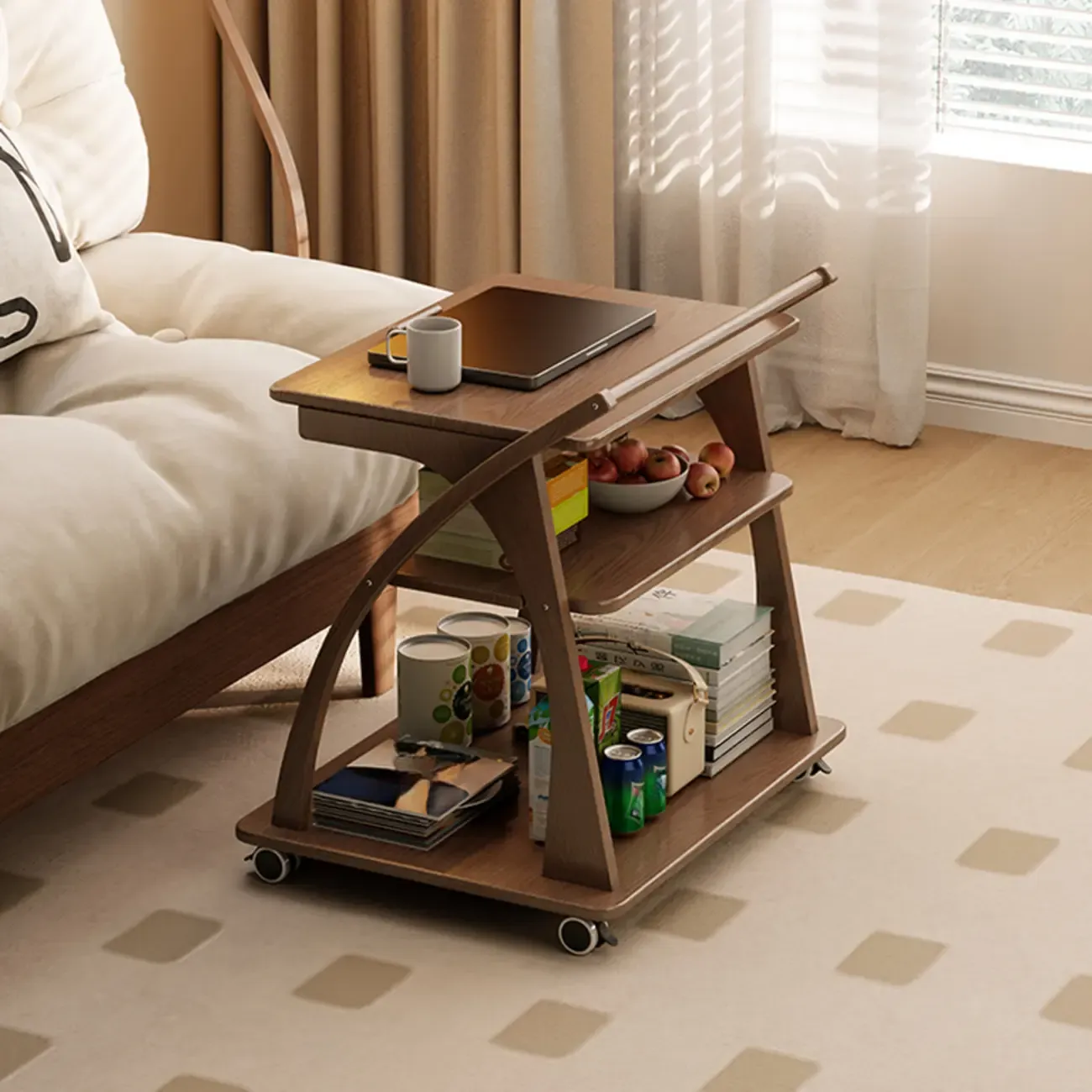 Folding 3-Tier Wooden Flip Top Rolling Side Table Nut-Brown