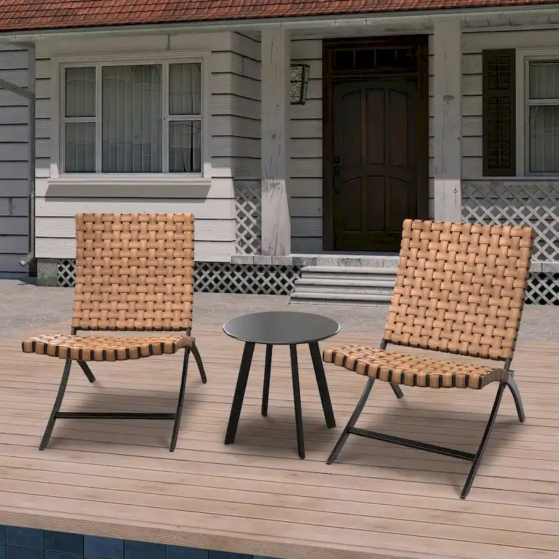 Jamison 3-Piece Light Brown Woven Rattan Outdoor Patio Folding Chairs Set - N/A