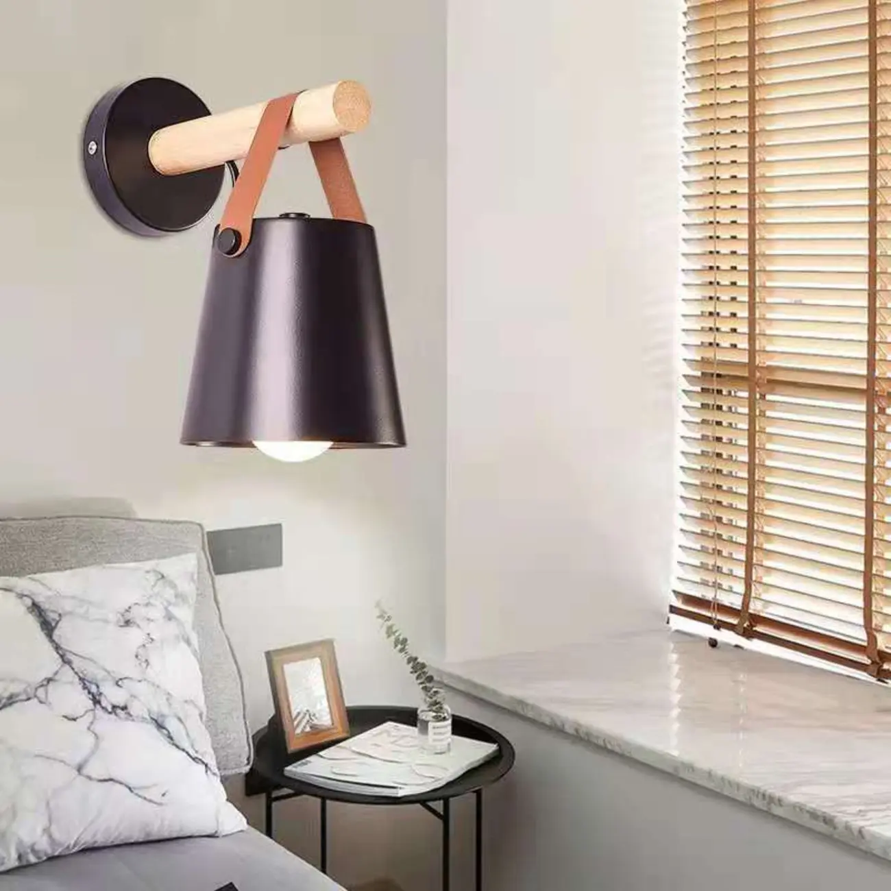 Modern Wall Sconce Wood and Metal with Leather Strap