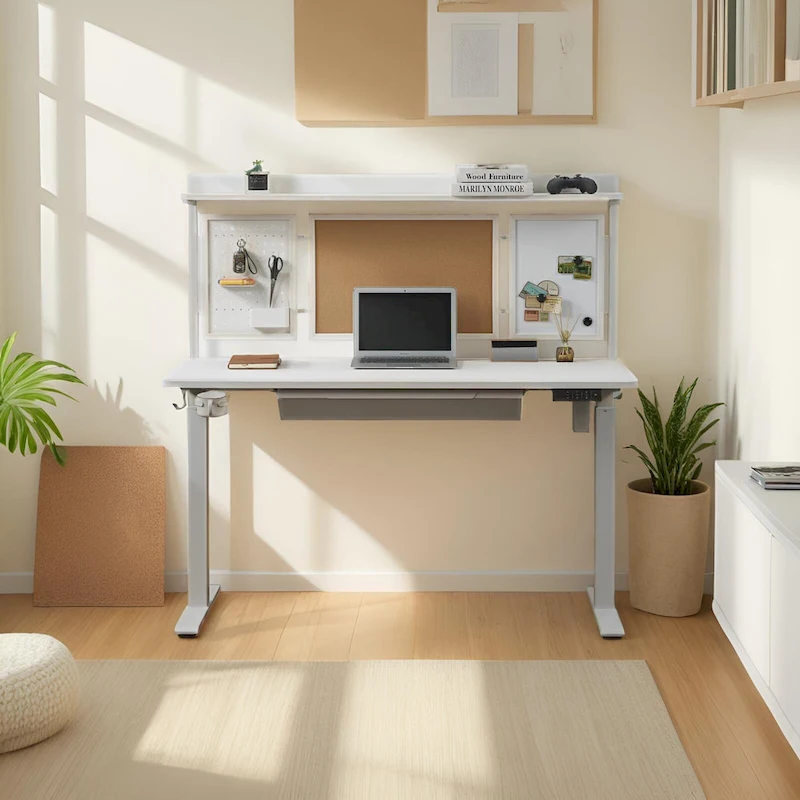 KOWO 55  White Electric Standing Desk w/Drawer & Backboard Height Adjustable Sit Stand Workstation for Home Office