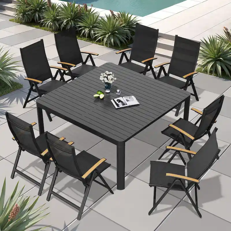 9pc Outdoor Dining Table Patio Aluminum Extension Table with Folding Chair