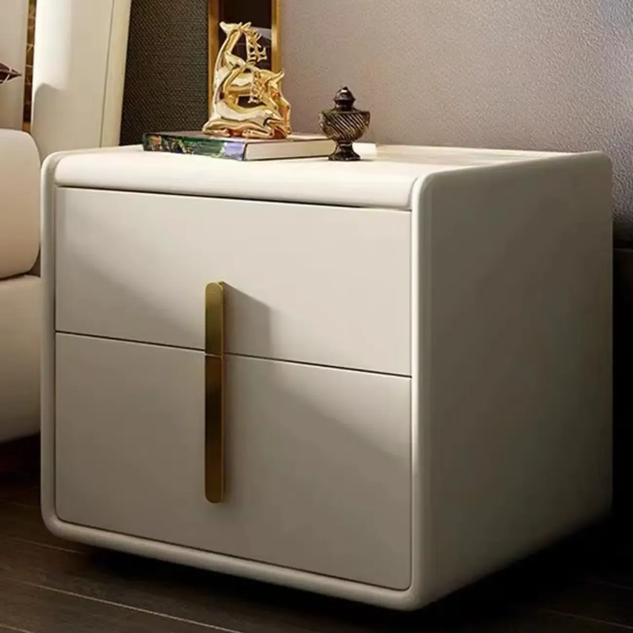 Modern Leather Top Wood 2-Drawer Nightstand