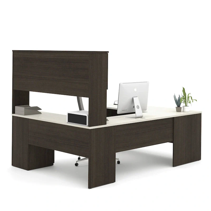 Dark/White U-Shaped Executive Office Desk with Hutch & Cabinet, 65