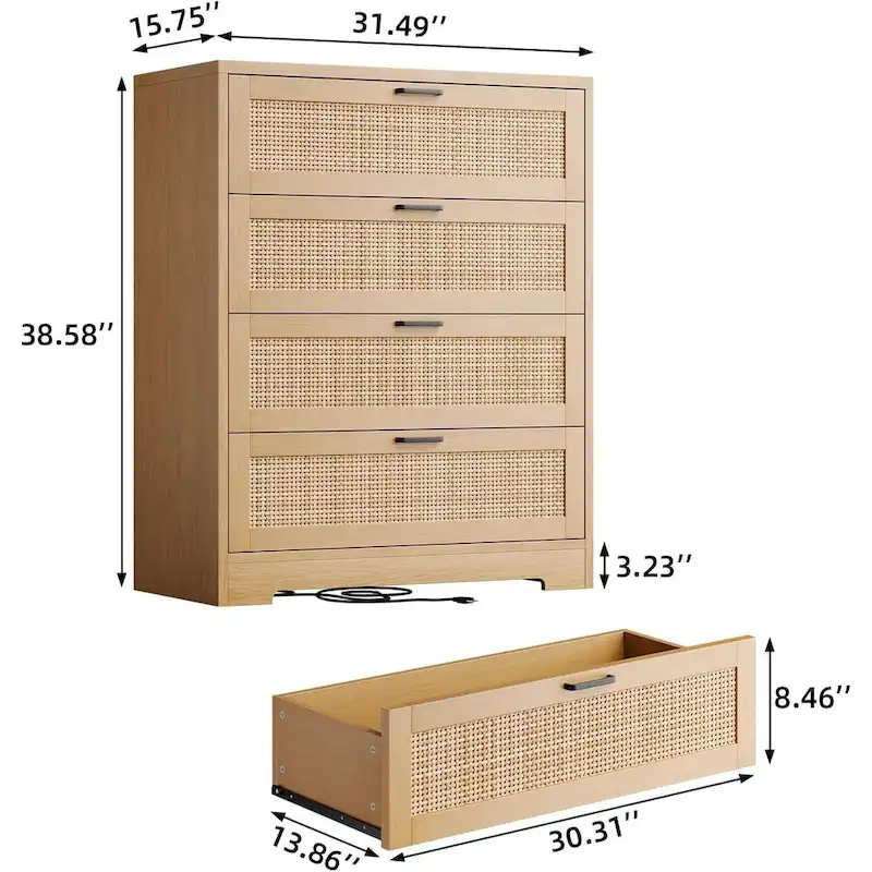Wood Rattan 4-Drawer Dresser with Power Outlets (31.49