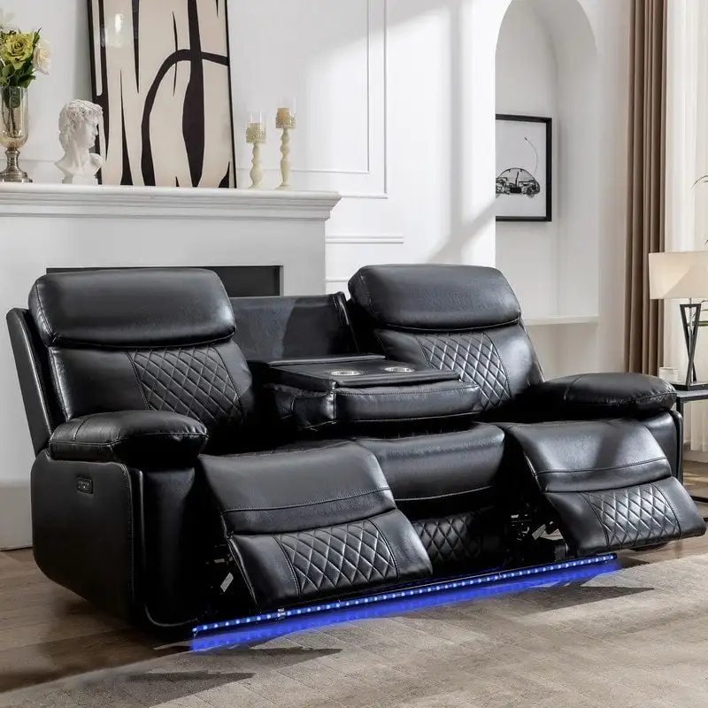 Power Reclining Sofa with Wireless Charger,Reading Light,LED Light for Living Room,Faux Leather,AC/USB Port,Cup Holder,Black