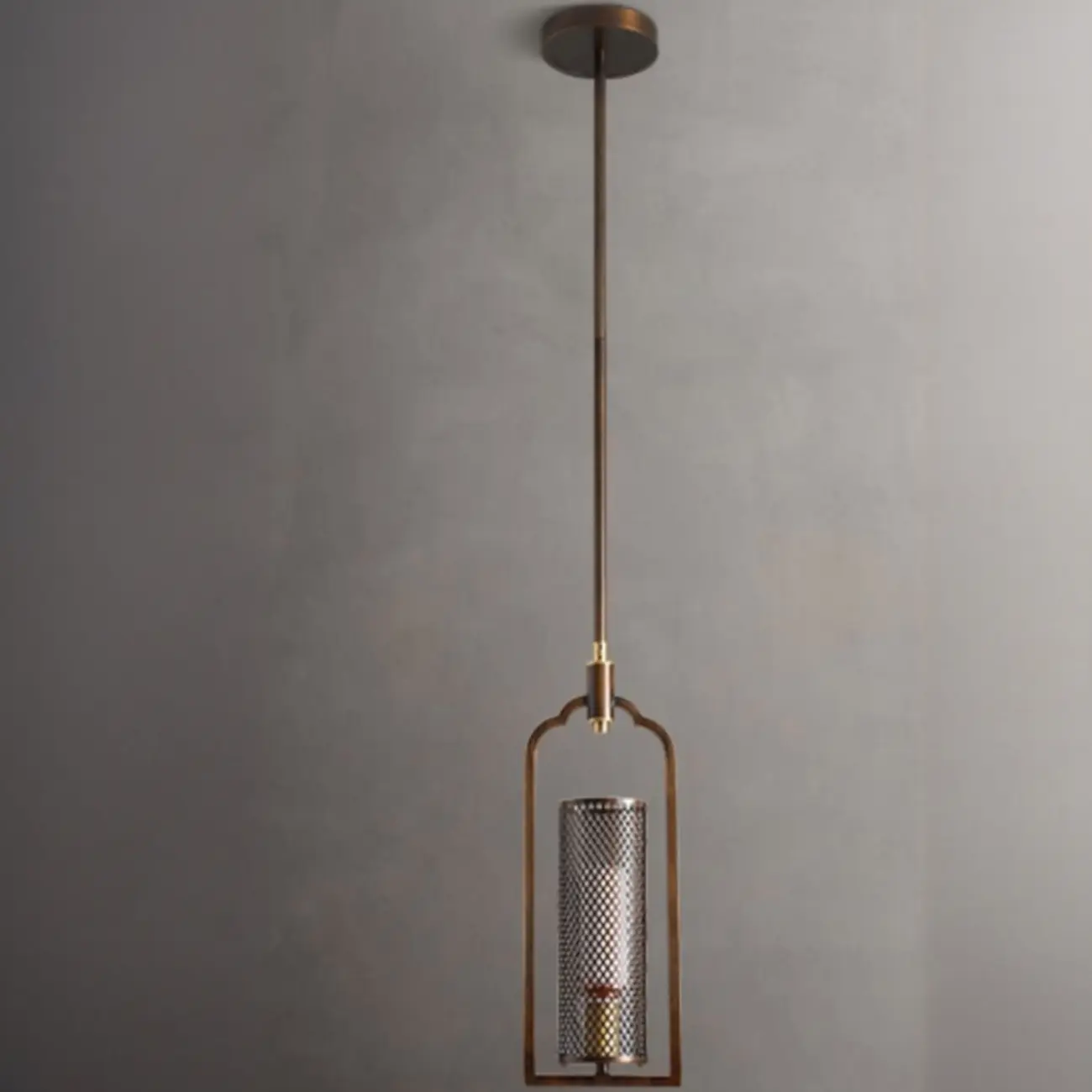 Antique Brass Cylinder Pendant Light with Copper Mesh Shade