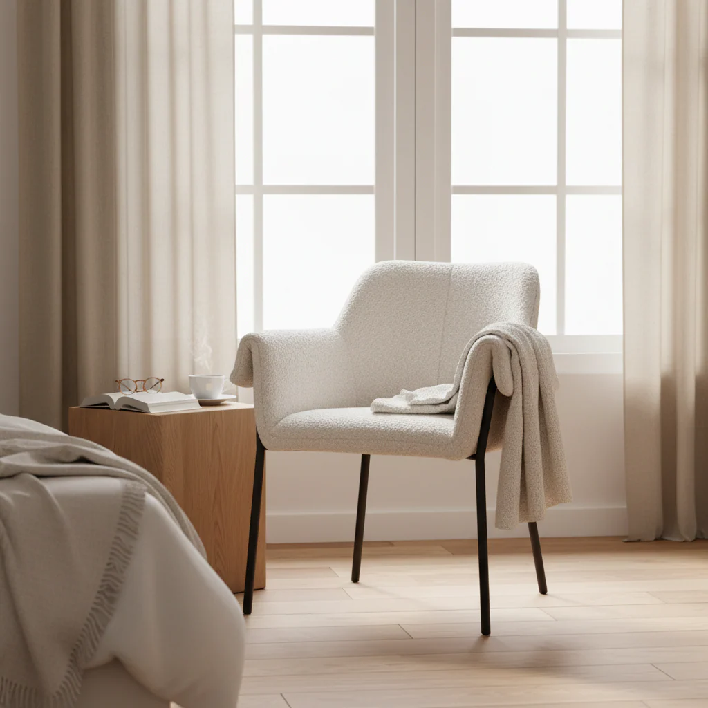 Dining Chair w/ Cream Boucle Fabric & Matte Black Metal Legs