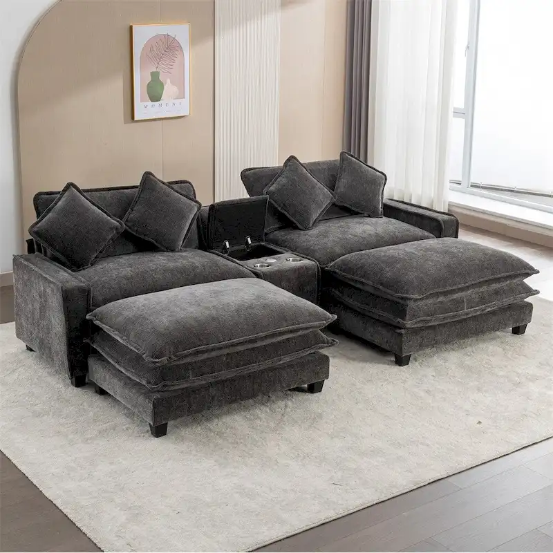 112.6  Chenille Upholstered Sectional Sofa with Two Removable Ottoman