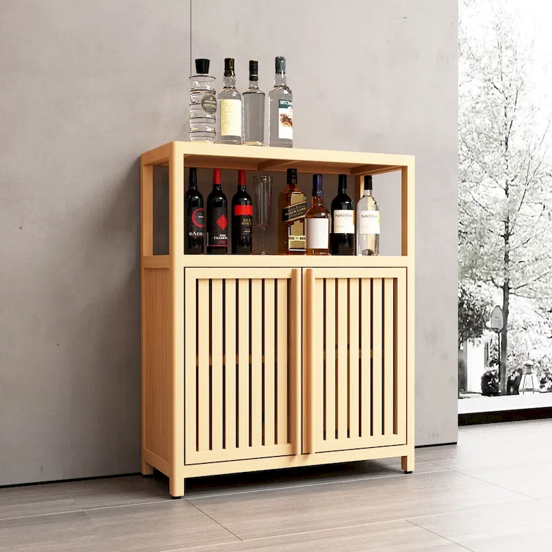 Bamboo Storage Cabinet, Freestanding Bathroom Cabinet with 2 Louvered Doors, Floor-Standing Cabinet