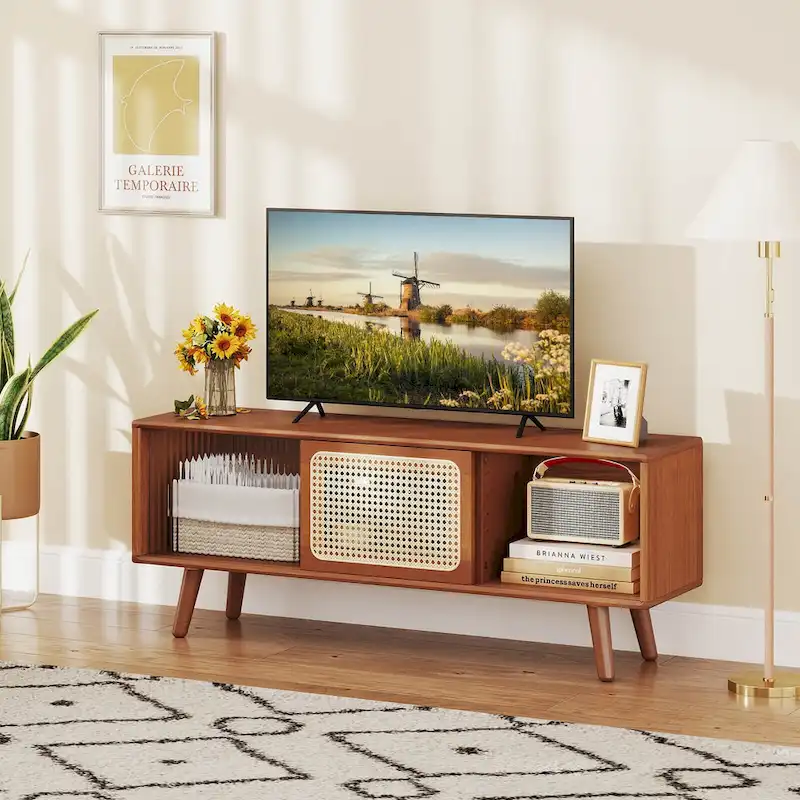 Modern TV Stand Entertainment Center Media Console with Rattan