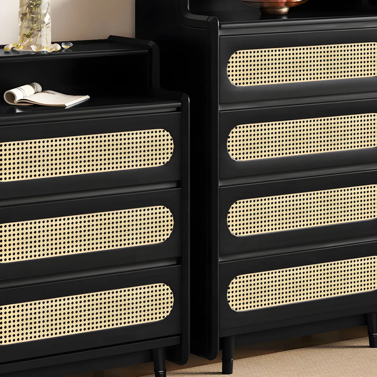 Brown Wood Rattan Front Accent Chest with Multi-Drawer