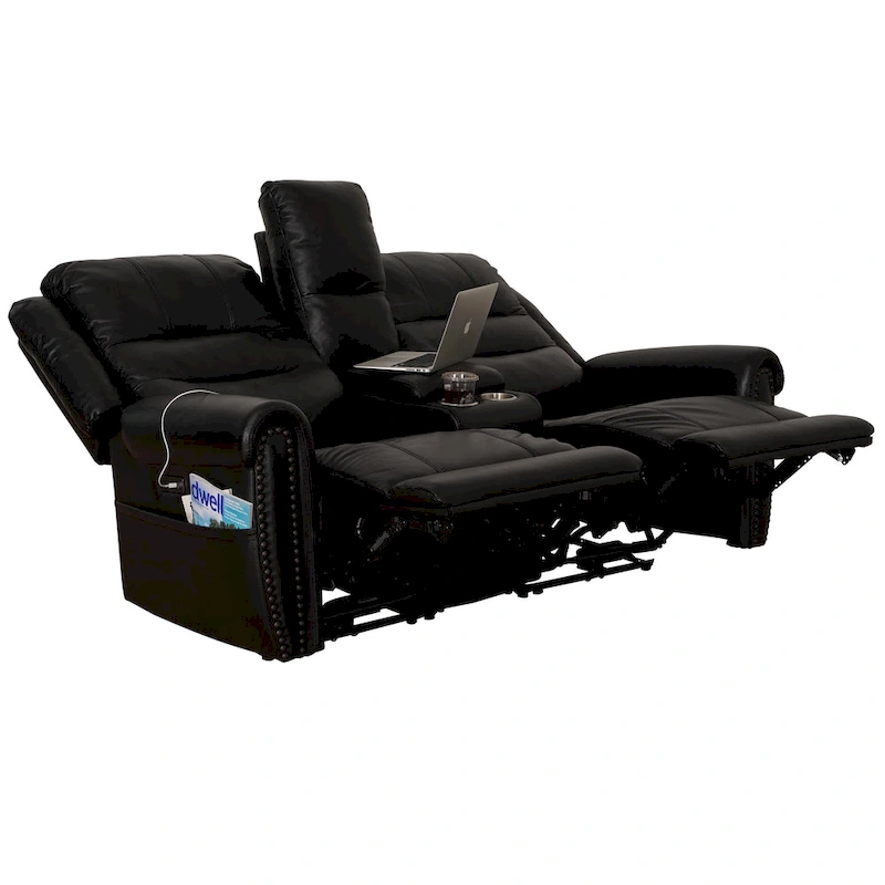 Genuine Leather Black Power Recliner Sofa, Loveseat, Recliner With Adjustable Headrest and Extendable Footrest