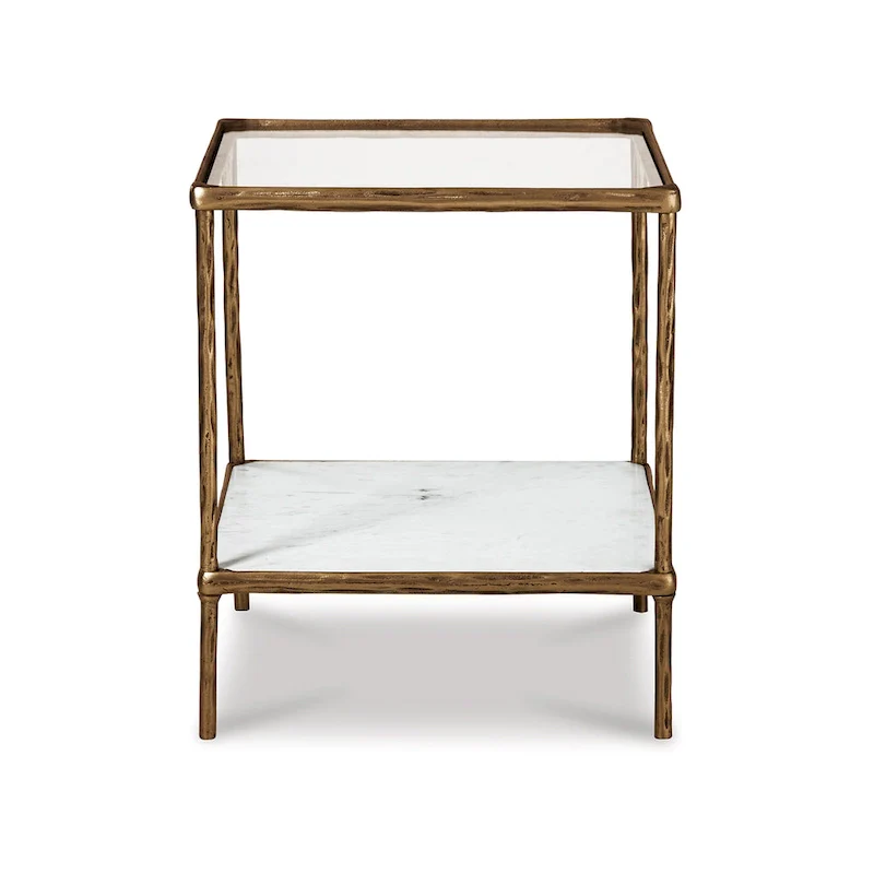 Dalie 25 Inch Accent Table, Square Glass Tabletop, Marble, Antique Gold