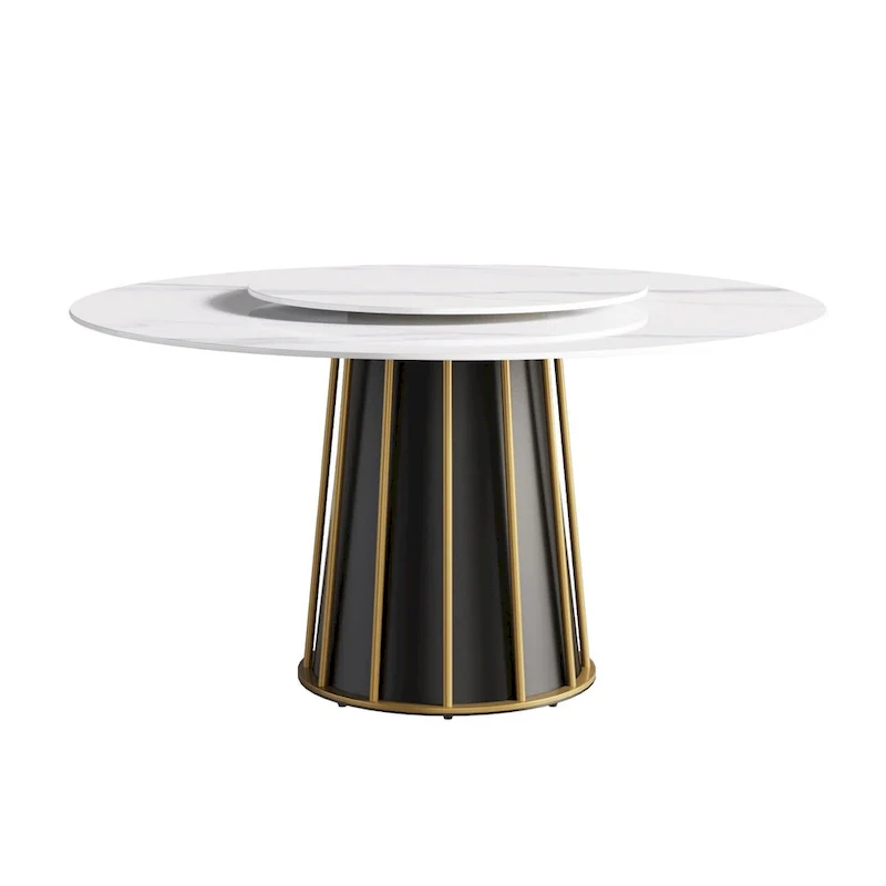 59 White Round Dining Table with Lazy Susan, Sintered Stone Tabletop - N/A