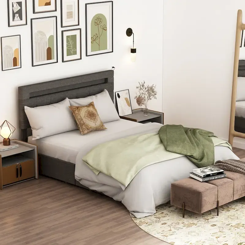 Queen Bed Frame with Drawers LED Bed Frame with USB Charging Station