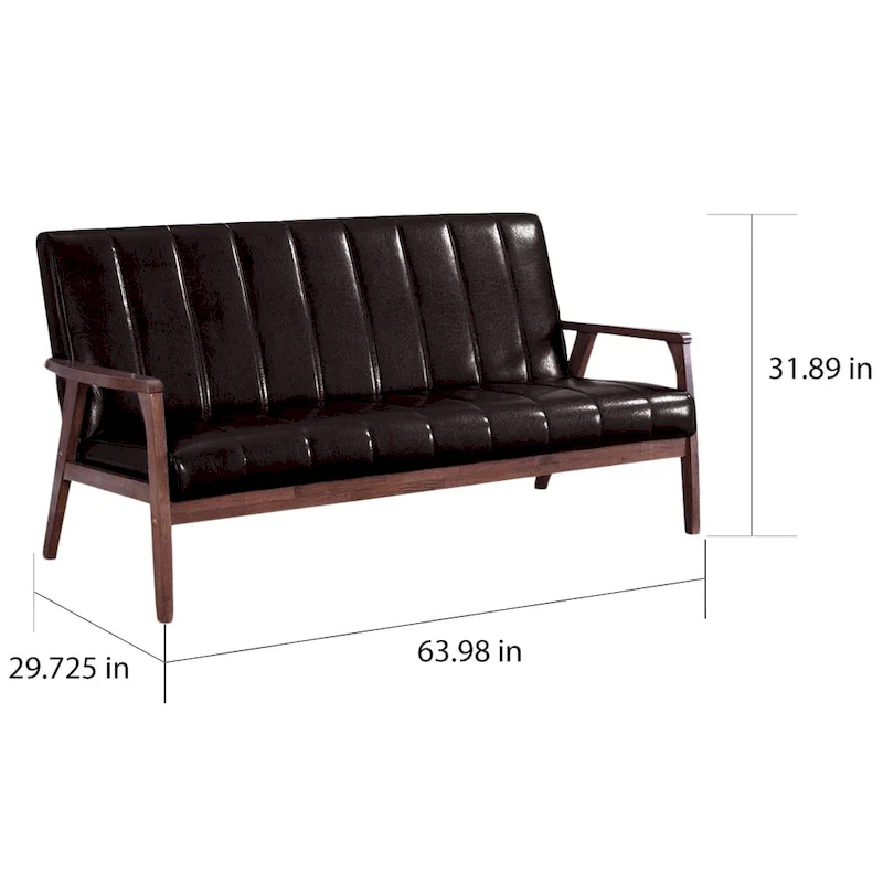 Mid-Century Modern Sofa - Dark Brown Faux Leather, Rubberwood Frame, 3-Seater, 63.98W x 31.89H