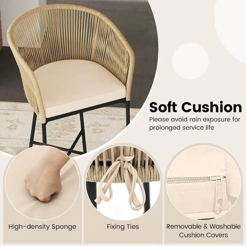Costway 3 PCS Rope Woven Patio Bar Set with Soft Cushions and Acacia - See Details