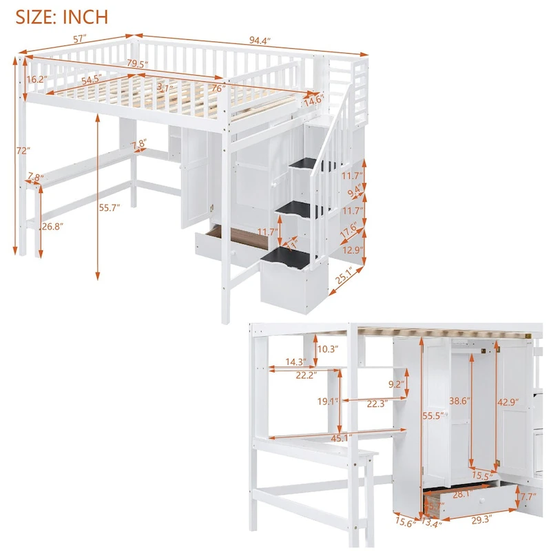 White Full Pine Loft Bed with Bookshelf, Drawers, Desk, Wardrobe, Storage Stair
