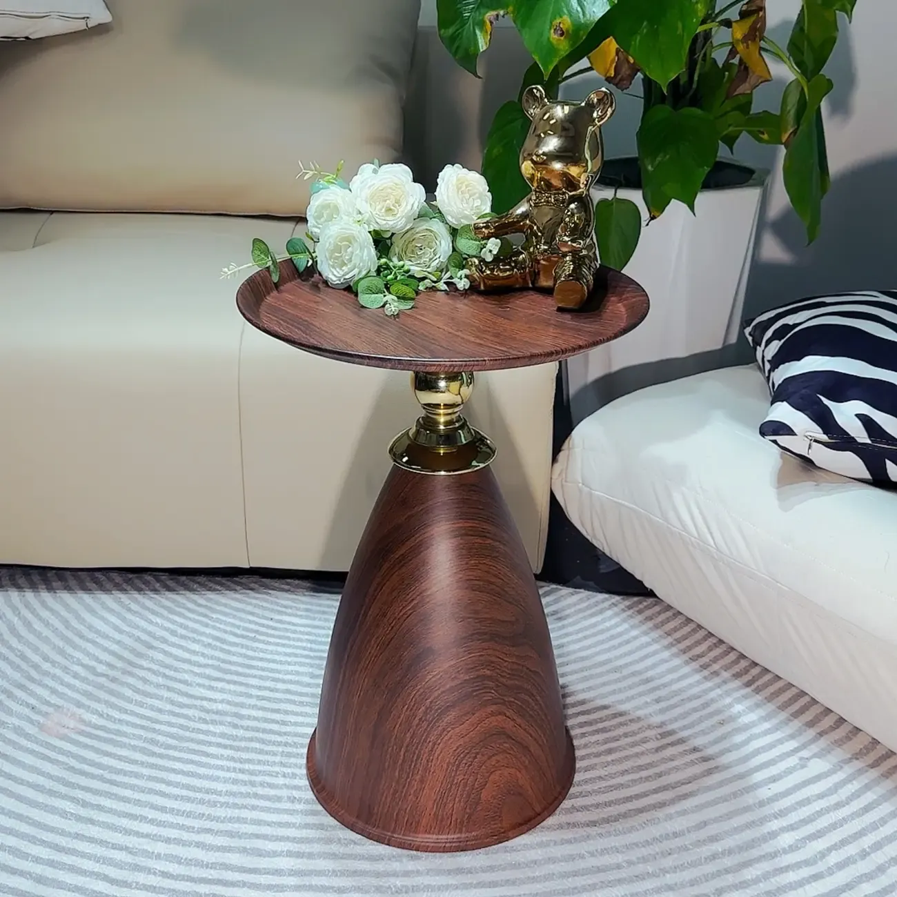 Walnut Steel Round End Table with Abstract Base