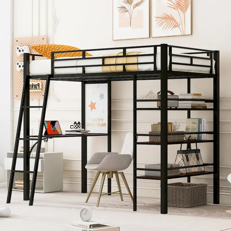 Twin Metal Loft Bed with Built-in Desk