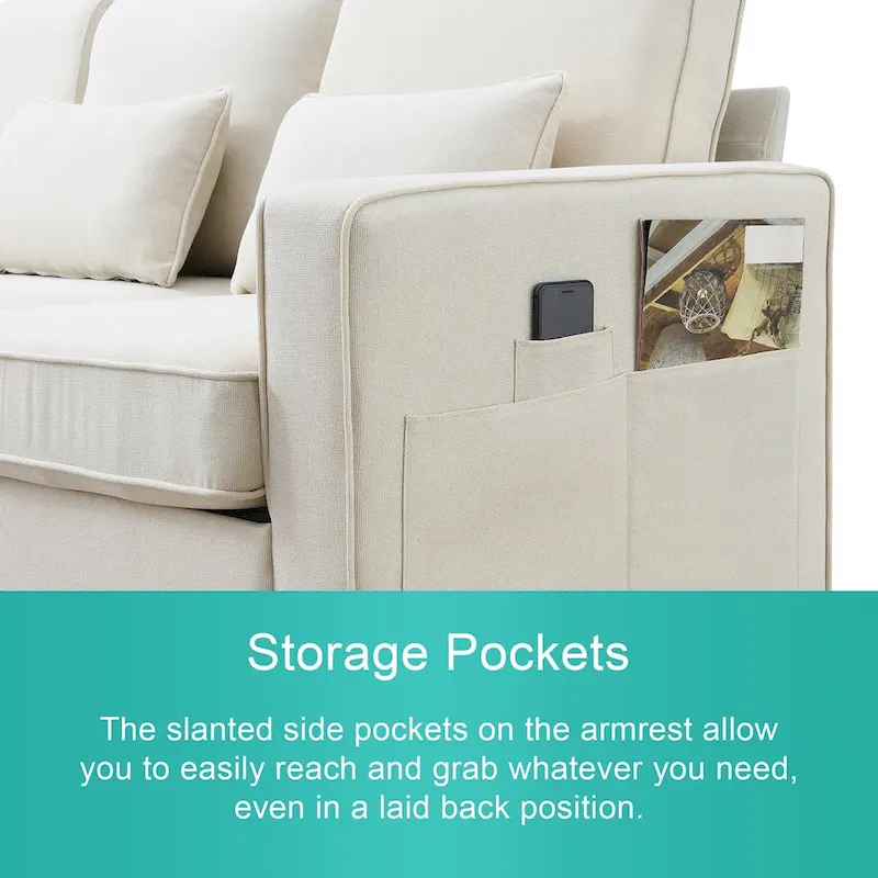 4-Seater Modern Linen Fabric Sofa with Armrest Pockets and 4 Pillows