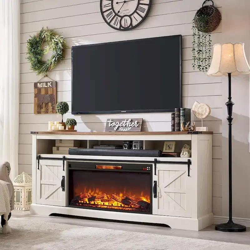 Farmhouse Fireplace TV Stand for 80 TV, Rustic Entertainment Center