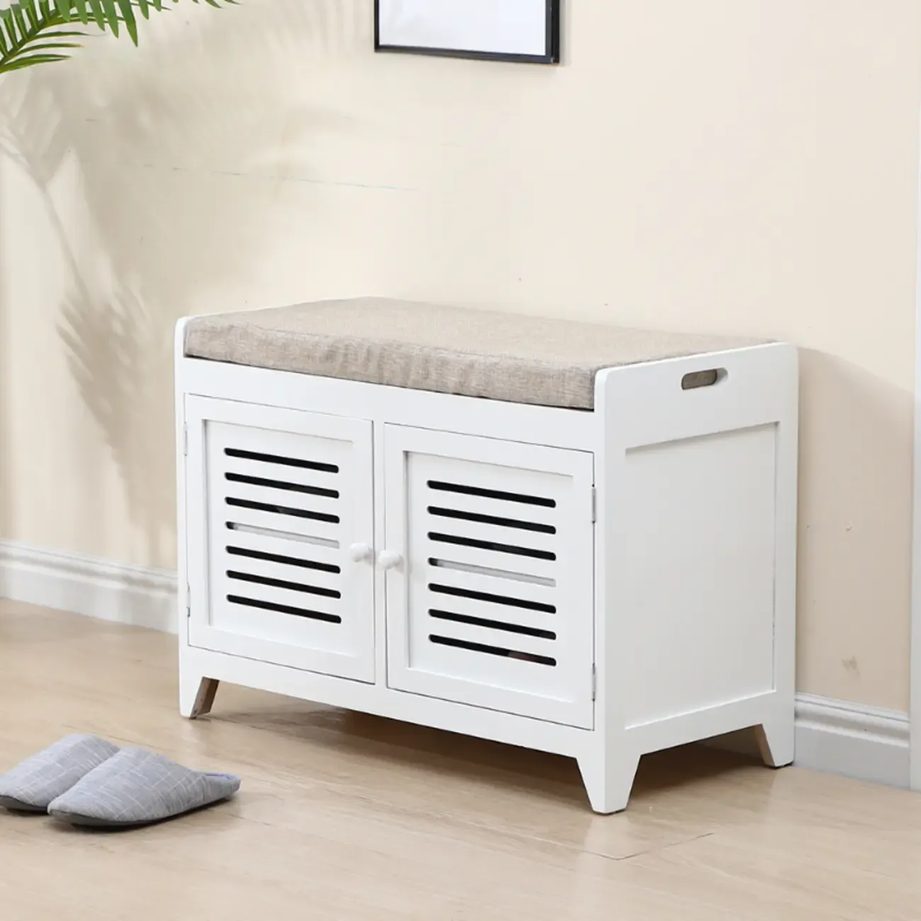 Entryway Wooden Cushioned Shoe Bench with Cabinet