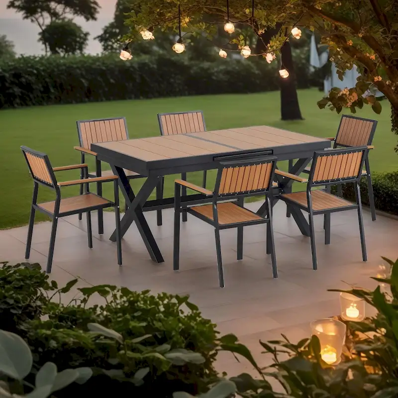 7-Piece Outdoor Extendable Dining Set with Extendable Table and 6 Armrest Chair