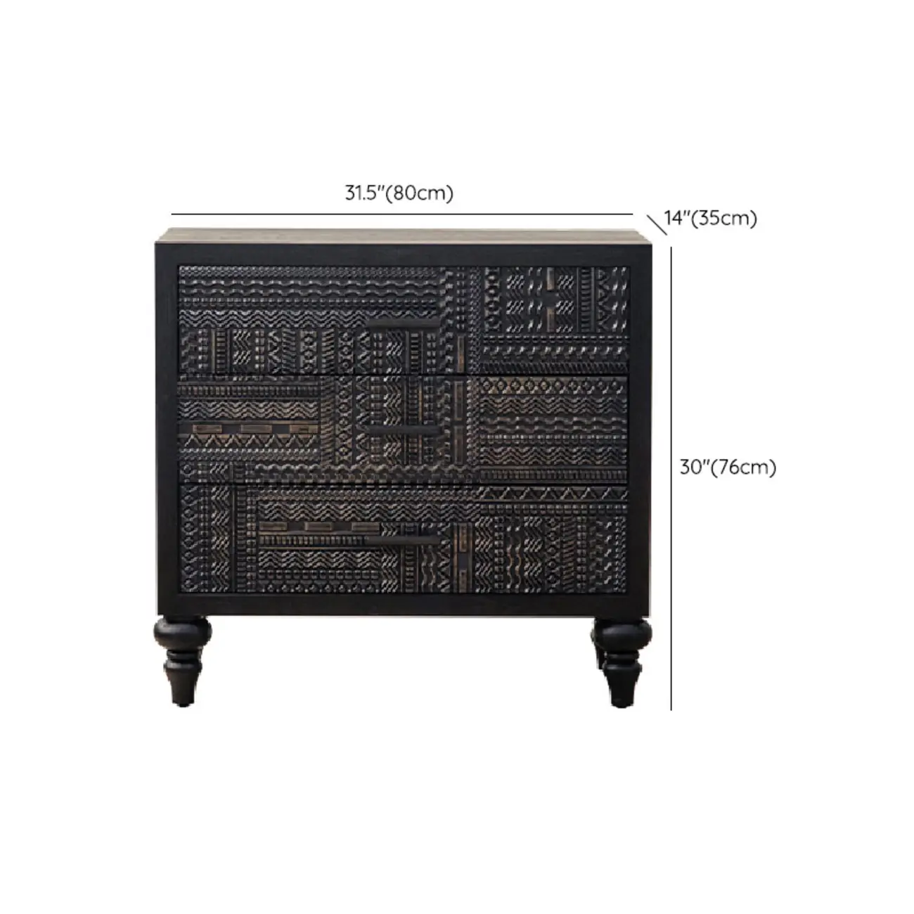 Mid-Century Rectangle Black Distressed Wood Carved Cabinet