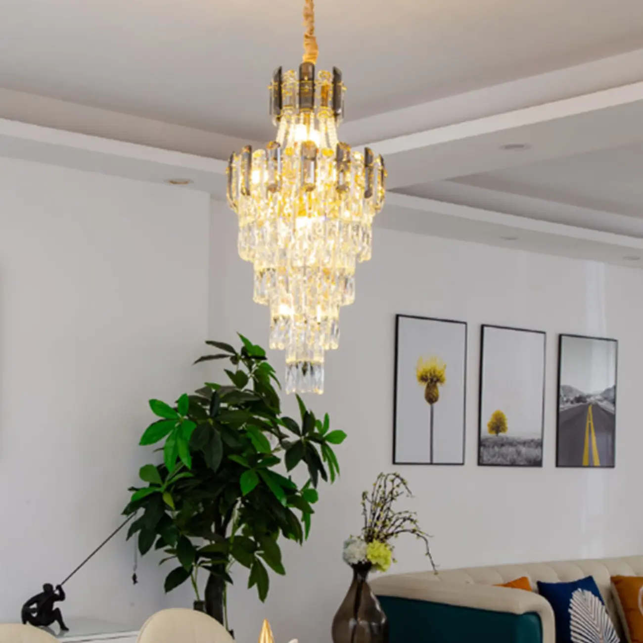 Luxury Long Cascading Crystal Gold Chandelier
