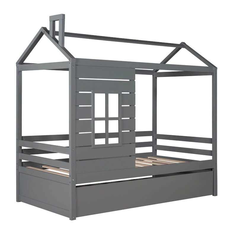 Twin House Bed with Trundle, Roof & Windows
