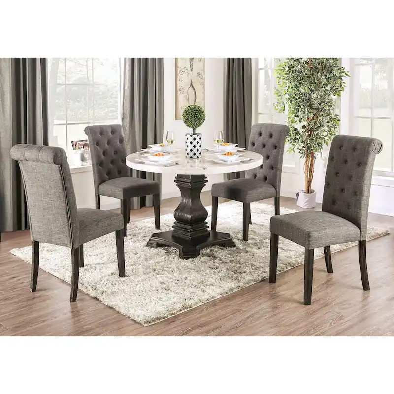 Brec Farmhouse Marble Top 5-Piece Round Dining Table Set with Tufted Chairs by