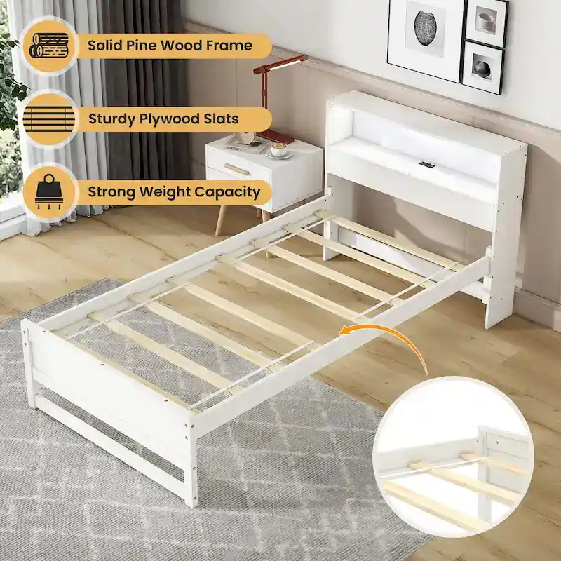Single Wooden Bed Frame (with Charging Station and LED Lights)