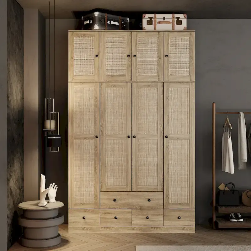 Rattan-Accented Wardrobe - Spacious Clothing Organizer with Style