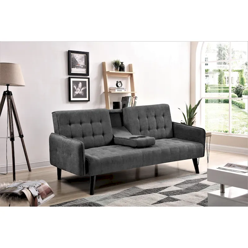Tufted Linen Futon Sleeper Sofa – Grey / Blue / Green / Beige / Pink / Dark Grey, 2-Seat