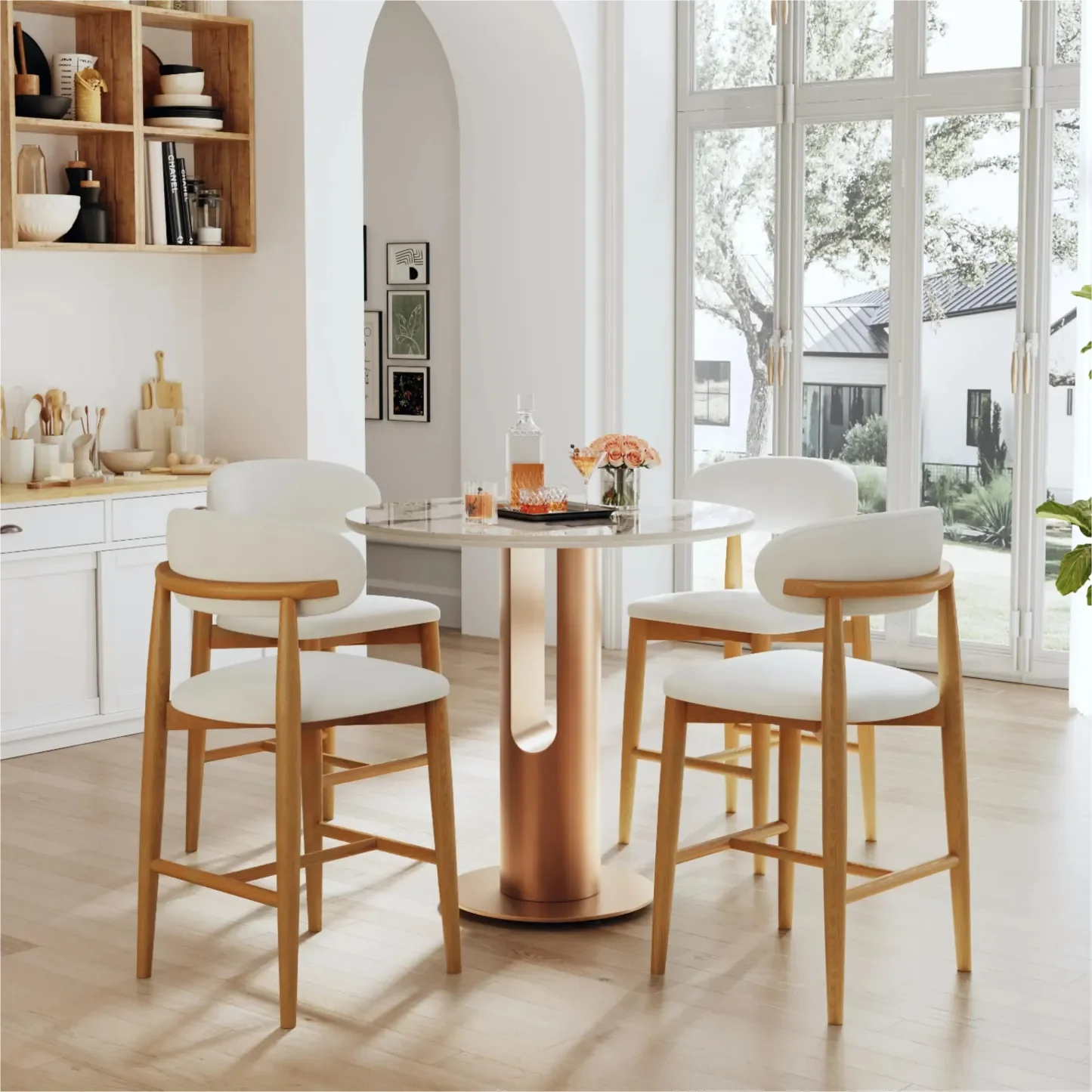 Modern Off-White Leather Curved Back Counter Bar Stools