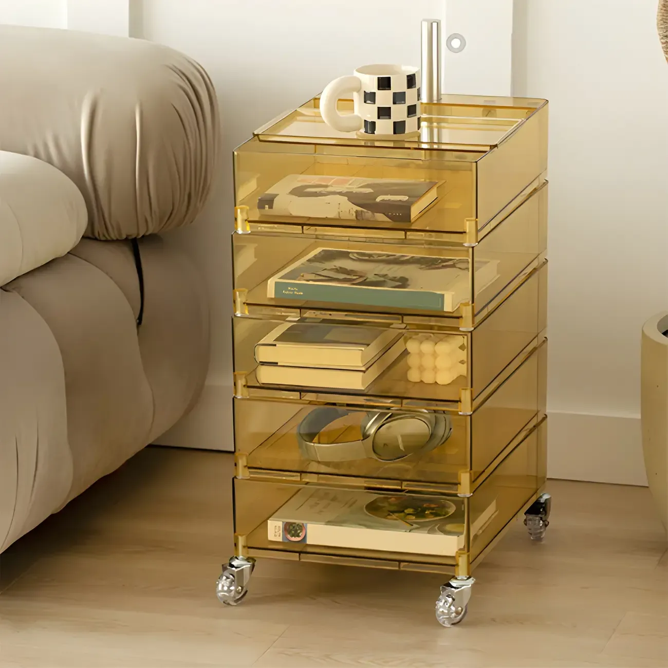 Vibrant Yellow Transparent Nightstand with Drawers and Wheels
