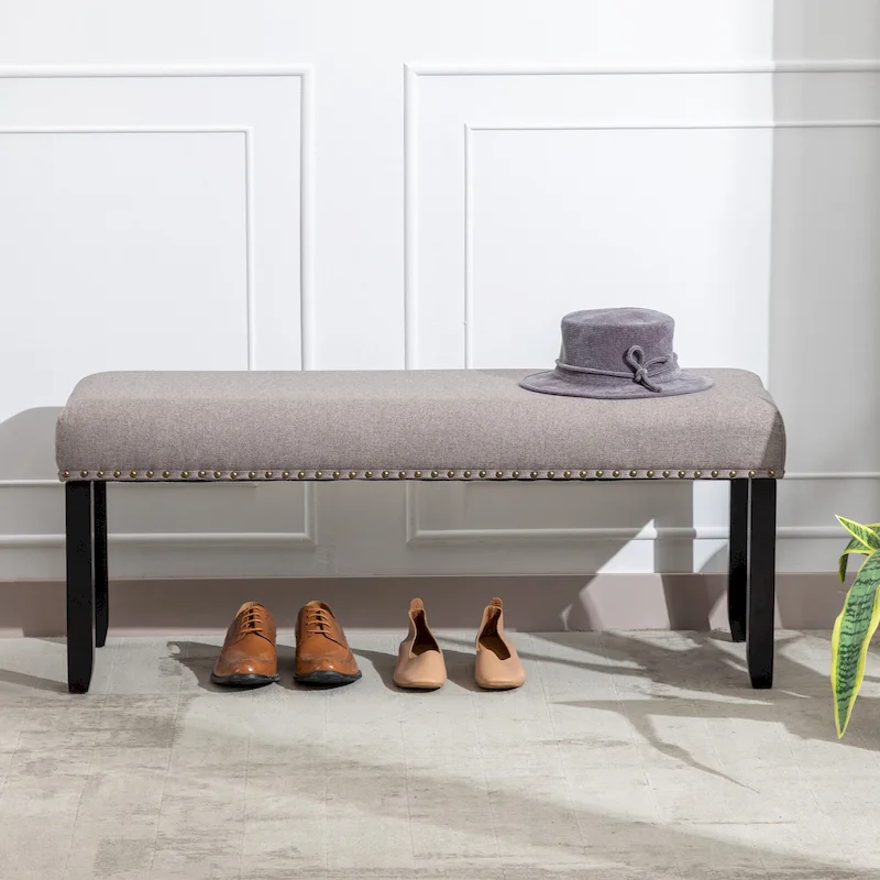 Modern 44 L Nailhead Trim Upholstered Bench with Wood Legs