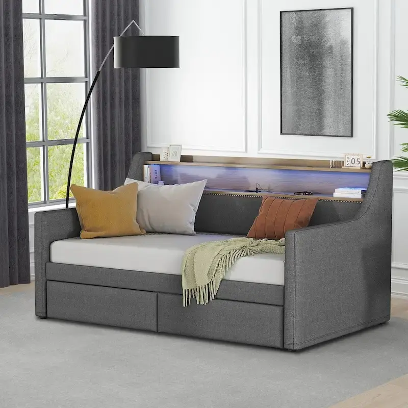 Modern Stylish Twin Size Upholstered Storage Daybed with Nailhead Trim