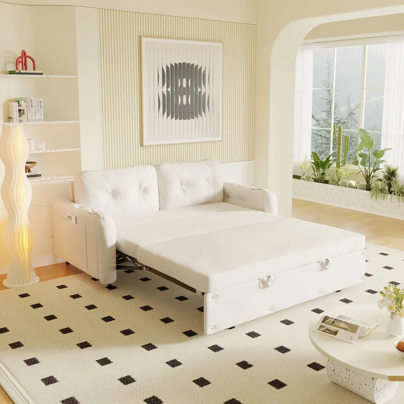 66.2 Queen Pull Out Sofa Bed, Hydraulic System Convertible Sleeper Sofa with Storage and 2 Soft Pillows, Tufted Button Upholste