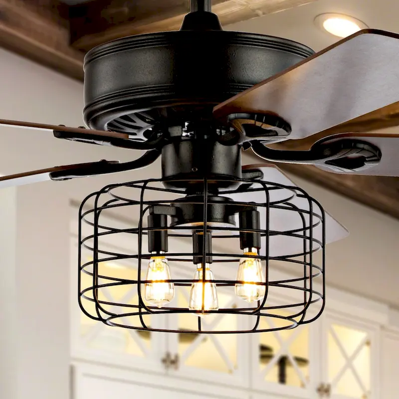 Edith 52  3-Light Industrial Metal/Wood LED Ceiling Fan With Remote, Forged Black by JONATHAN Y