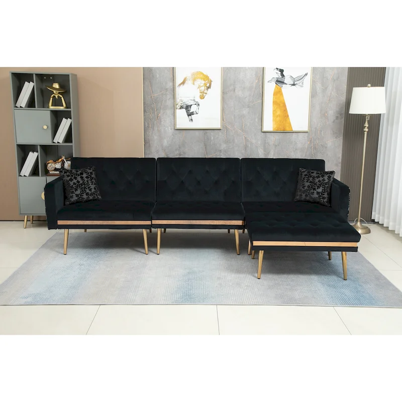 Polyester Upholstered Tufted Sleeper L-Shaped Sectional Sofa With Ottoman