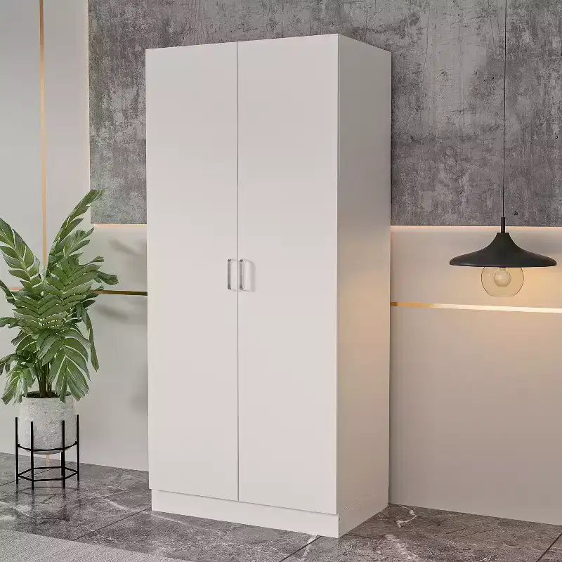 Famapy White Minimalist Double-Door Wardrobe with Hanging Section and Organized Storage