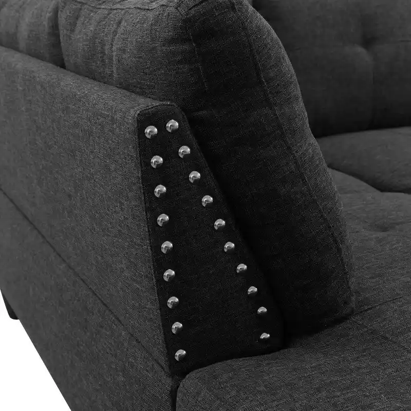 Rivet-Embellished 3-Piece Black Grey Linen Sofa Set - Elevate Your Living Room Style